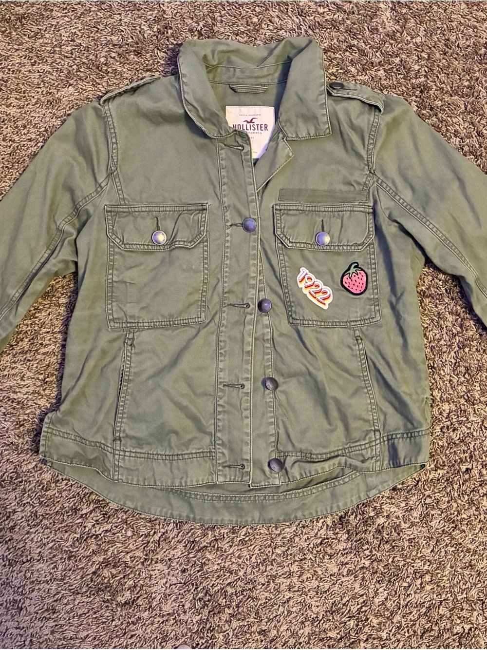 Hollister Olive Green Military-Style Jean Jacket with Strawberry Patch